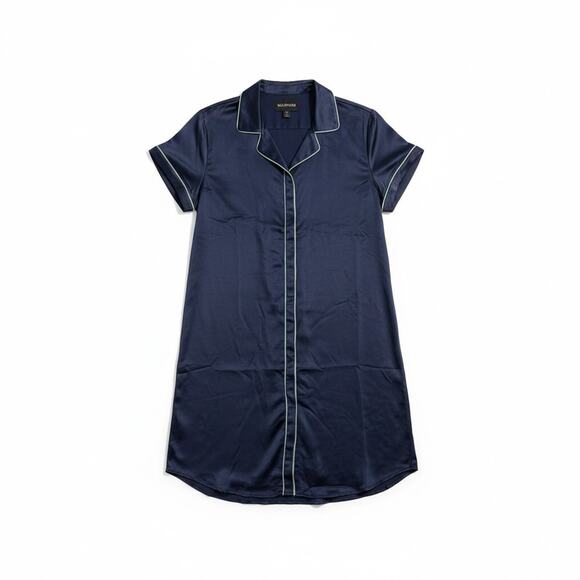 Wildfang Dresses & Skirts - Wildfang The Empower Satin Shirt Dress Navy Blue Green Contrast Trim Medium Mod